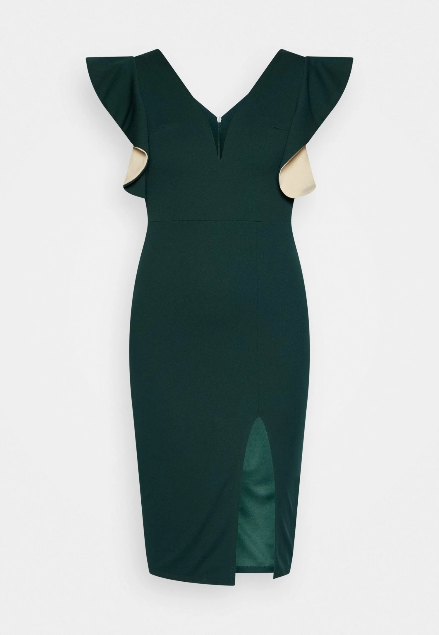 Wal G V Neck Ruffle Sleeve Midi Dress - Cocktail Dress / Party Dress - Forest Green/Beige - Image 5