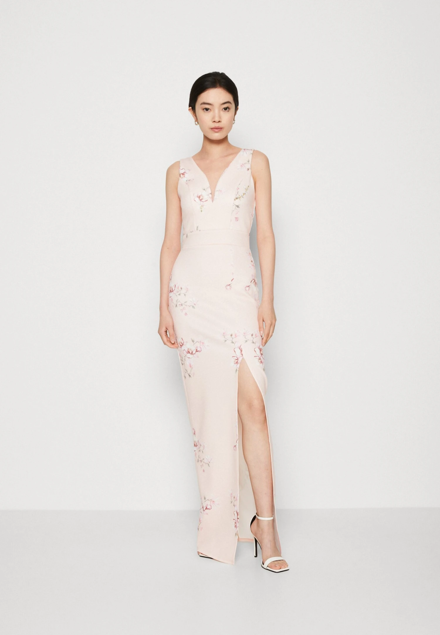 Wal G Wedding Dolly V Neck Print Maxi - Jersey Dress - Apricot/Multi-Coloured