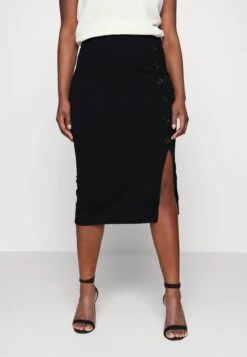 Tortoise Button Midi Skirt - Pencil Skirt - Black