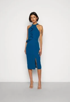Wal G Sasha Frill Neck Midi Dress - Jersey Dress - Dark Teal Blue