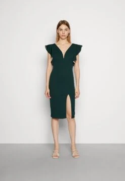 Wal G V Neck Ruffle Sleeve Midi Dress - Cocktail Dress / Party Dress - Forest Green/Beige