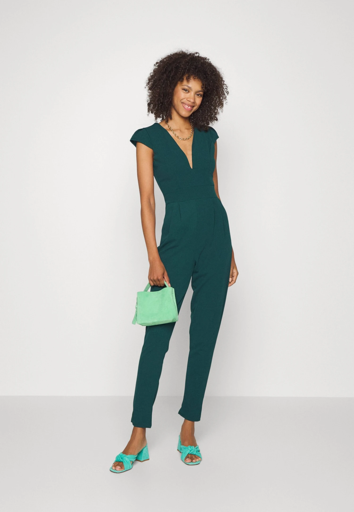 Wal G Short Sleeve V Neck - Jumpsuit - Forest Green - Image 2