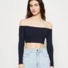 Wal G Hollie Off Shoulder Crop - Long Sleeved Top - Navy