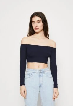 Wal G Hollie Off Shoulder Crop - Long Sleeved Top - Navy