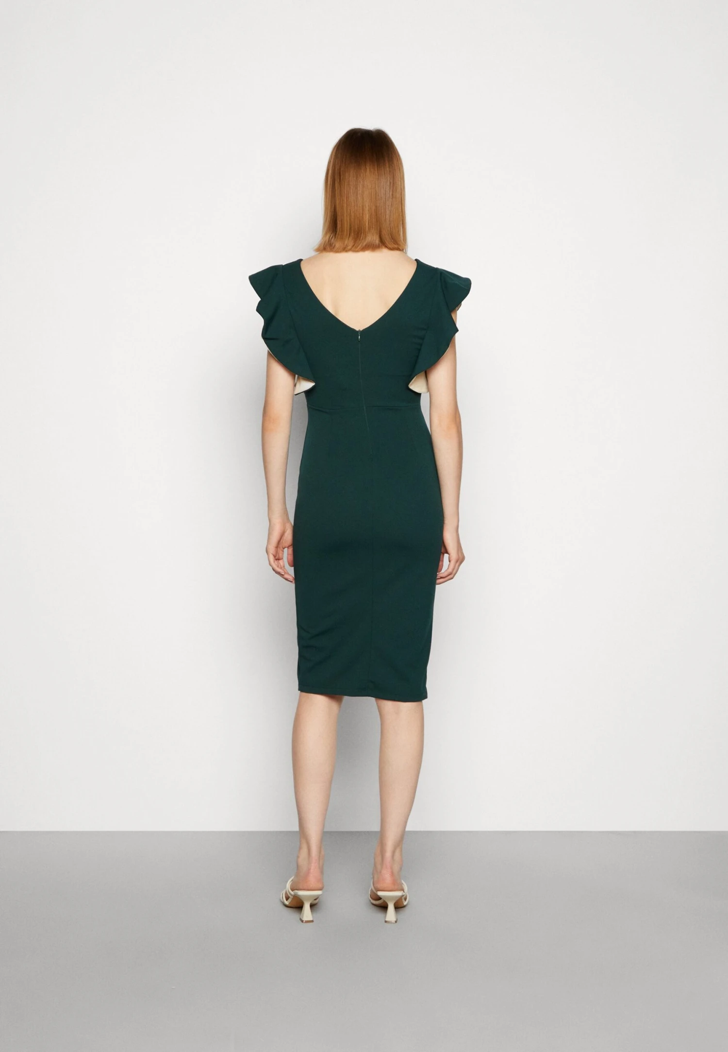 Wal G V Neck Ruffle Sleeve Midi Dress - Cocktail Dress / Party Dress - Forest Green/Beige - Image 3