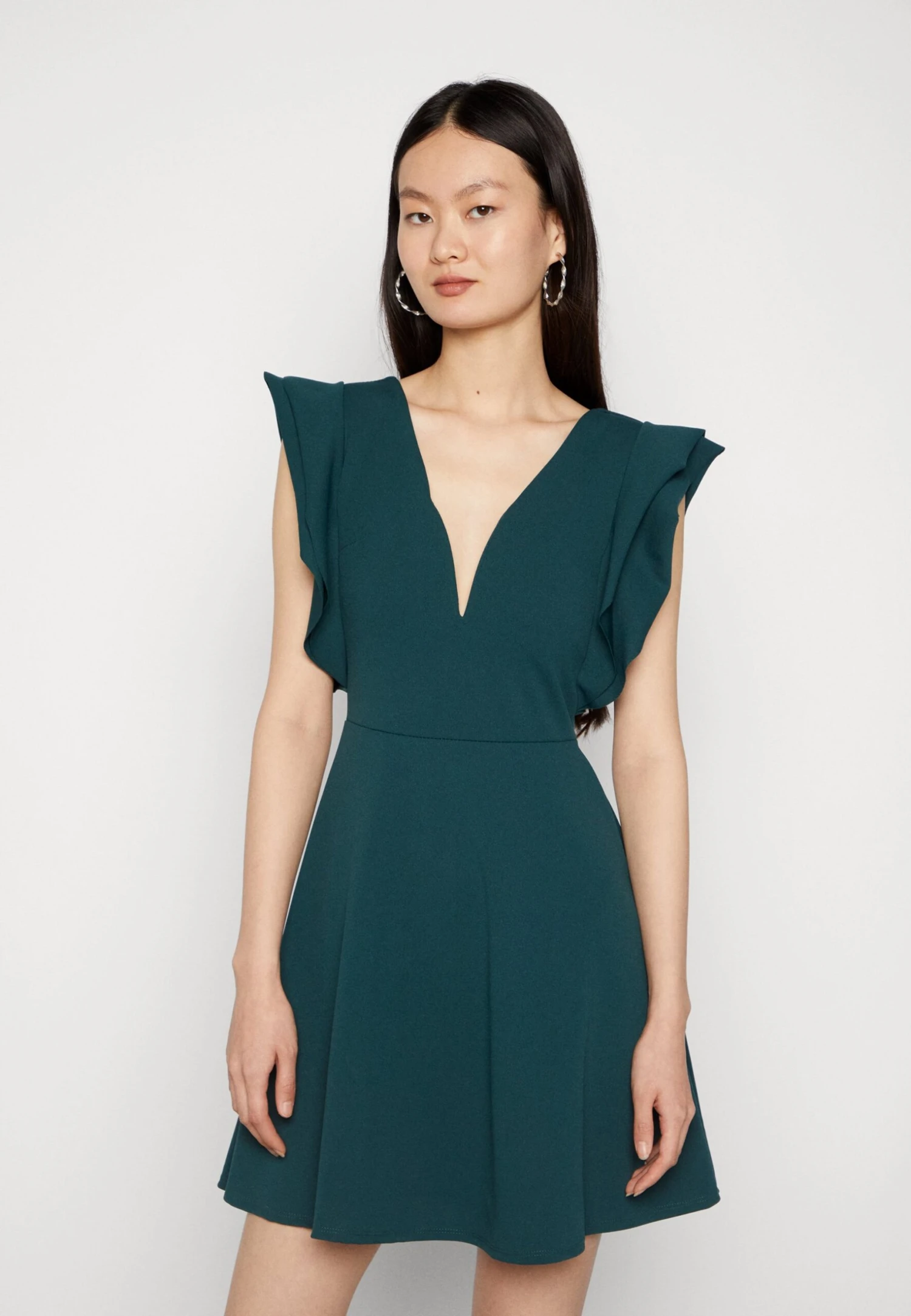 Wal G Lucia V Neck Frill Sleeve Skater Dress - Cocktail Dress / Party Dress - Forest Green - Image 4
