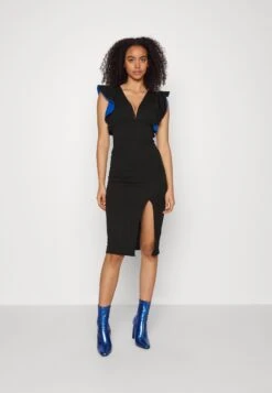 V Neck Ruffle Sleeve Midi Dress - Cocktail Dress / Party Dress - Black/Royal Blue
