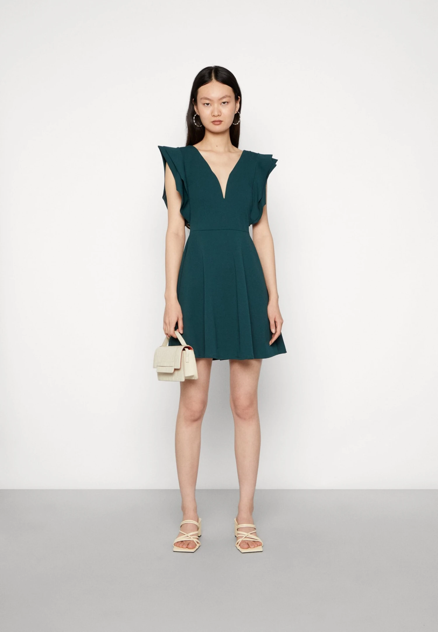Wal G Lucia V Neck Frill Sleeve Skater Dress - Cocktail Dress / Party Dress - Forest Green - Image 2
